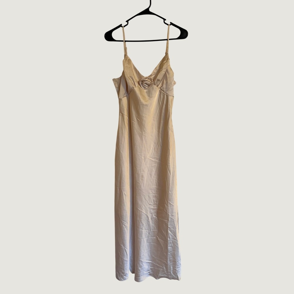 By the River Champagne Satin Rosette V-Neck Maxi Slip Dress NWT L Feminine